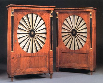 Work: 19th Century AUSTRIAN Pair of Biedermeier Gilt-Metal-Mounted Black Walnut, Ebonized and Parcel Gilt Cabinets, 1800-1825